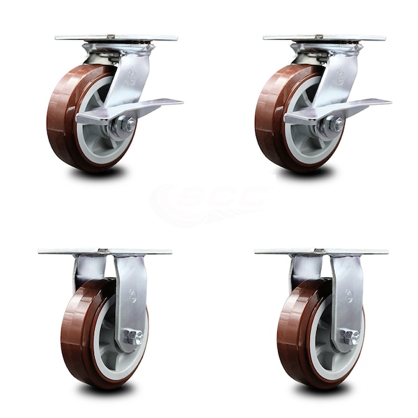 6 Inch Polyurethane Caster Set with Roller Bearing 2 Brakes and 2 Rigid SCC